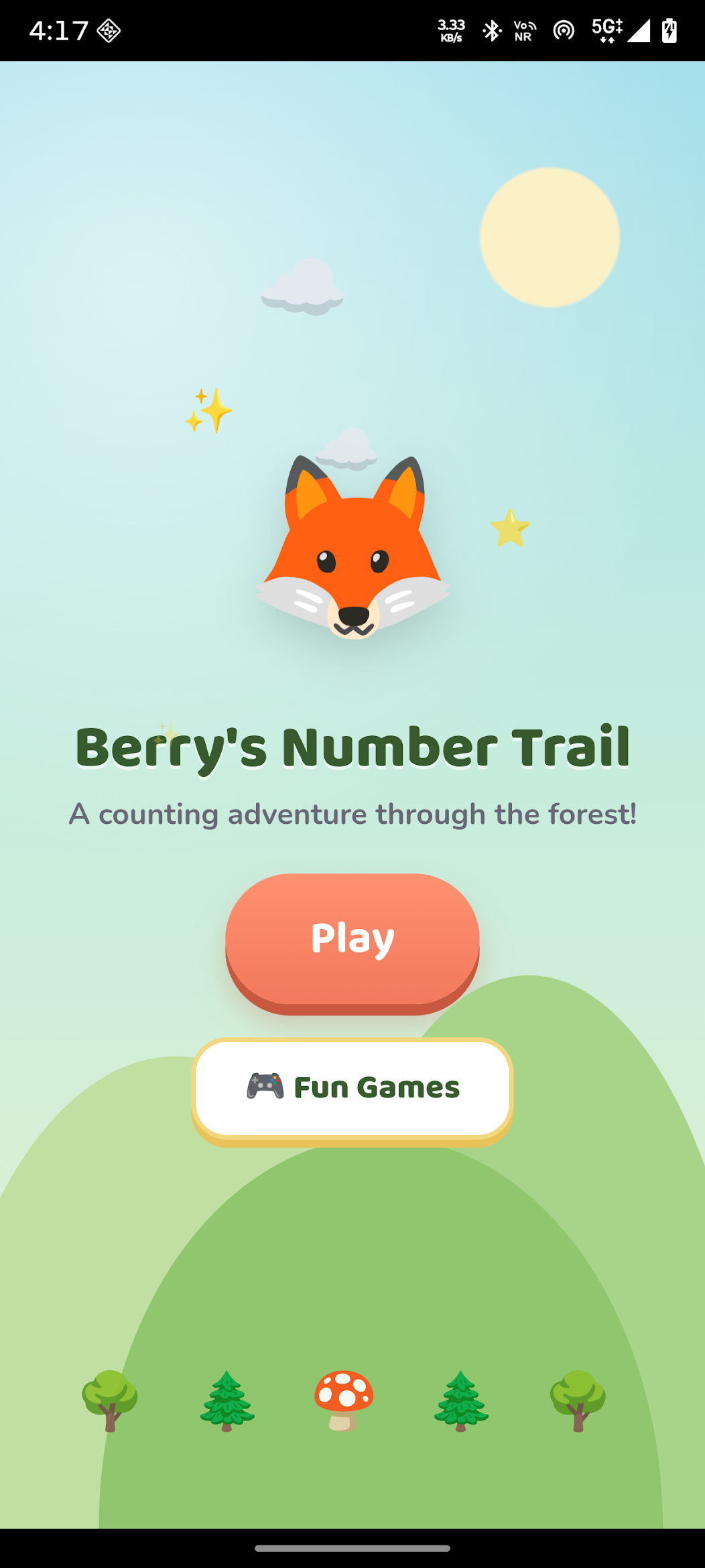 Berry’s Number Trail welcome screen with Berry the fox, Play and Fun Games buttons