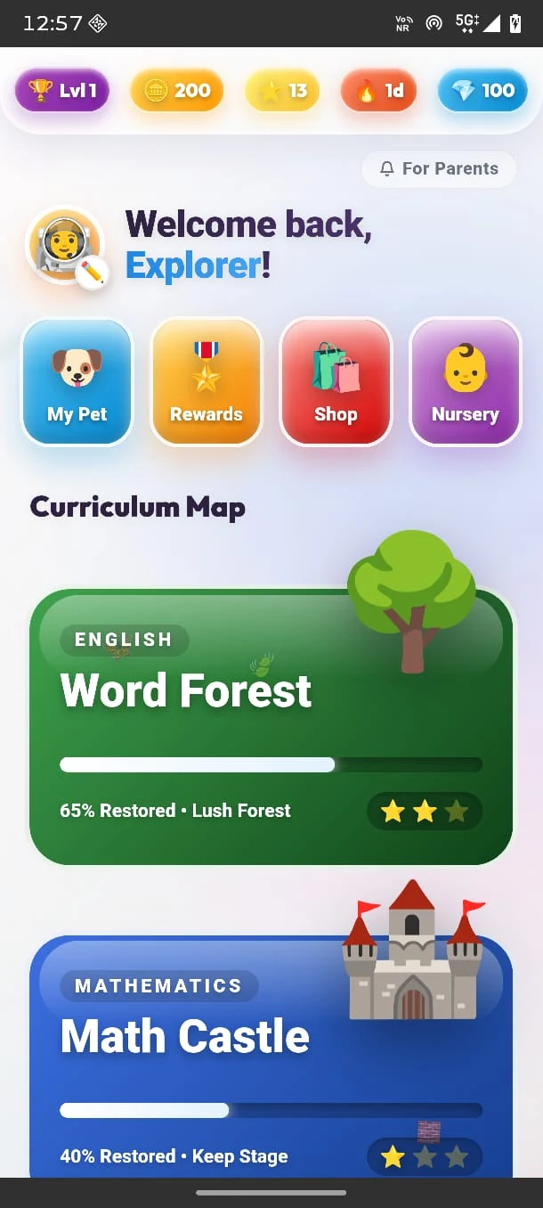 Curriculum map showing Word Forest and Math Castle progress