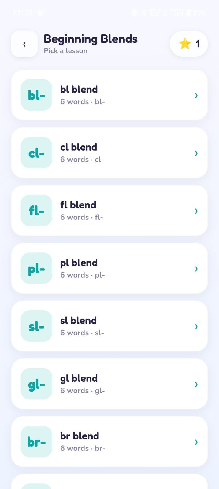 The Beginning Blends lesson list in Spark Phonics, showing bl-, cl-, fl-, pl-, sl-, gl- and br-, each with six words