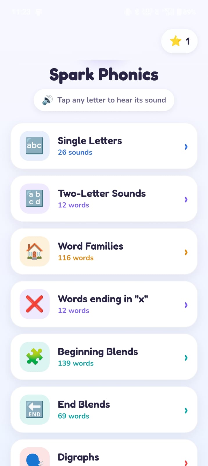 The Spark Phonics module list, headed "Tap any letter to hear its sound", showing Single Letters with 26 sounds, Two-Letter Sounds, Word Families with 116 words, Beginning Blends with 139 words and End Blends