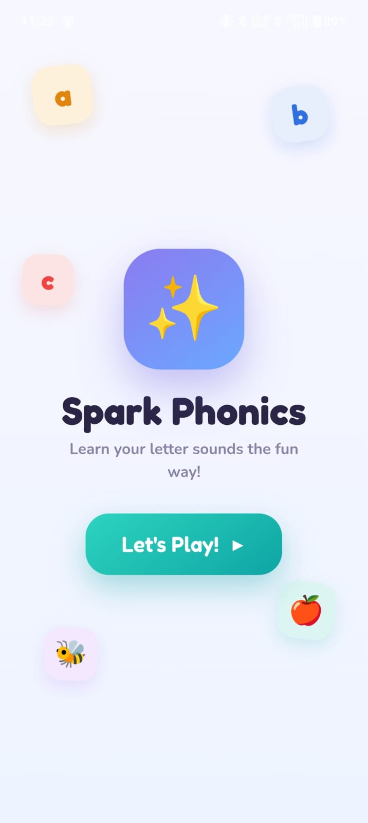 The Spark Phonics opening screen: the app logo, the line "Learn your letter sounds the fun way!" and a large "Let’s Play!" button
