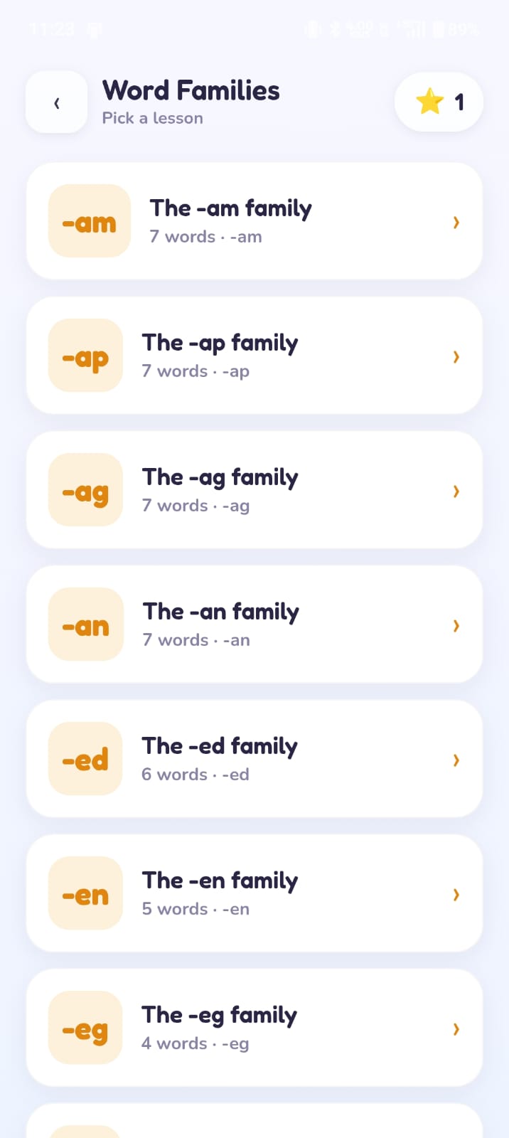The Word Families lesson list in Spark Phonics, showing the -am, -ap, -ag, -an, -ed, -en and -eg families with the number of words in each